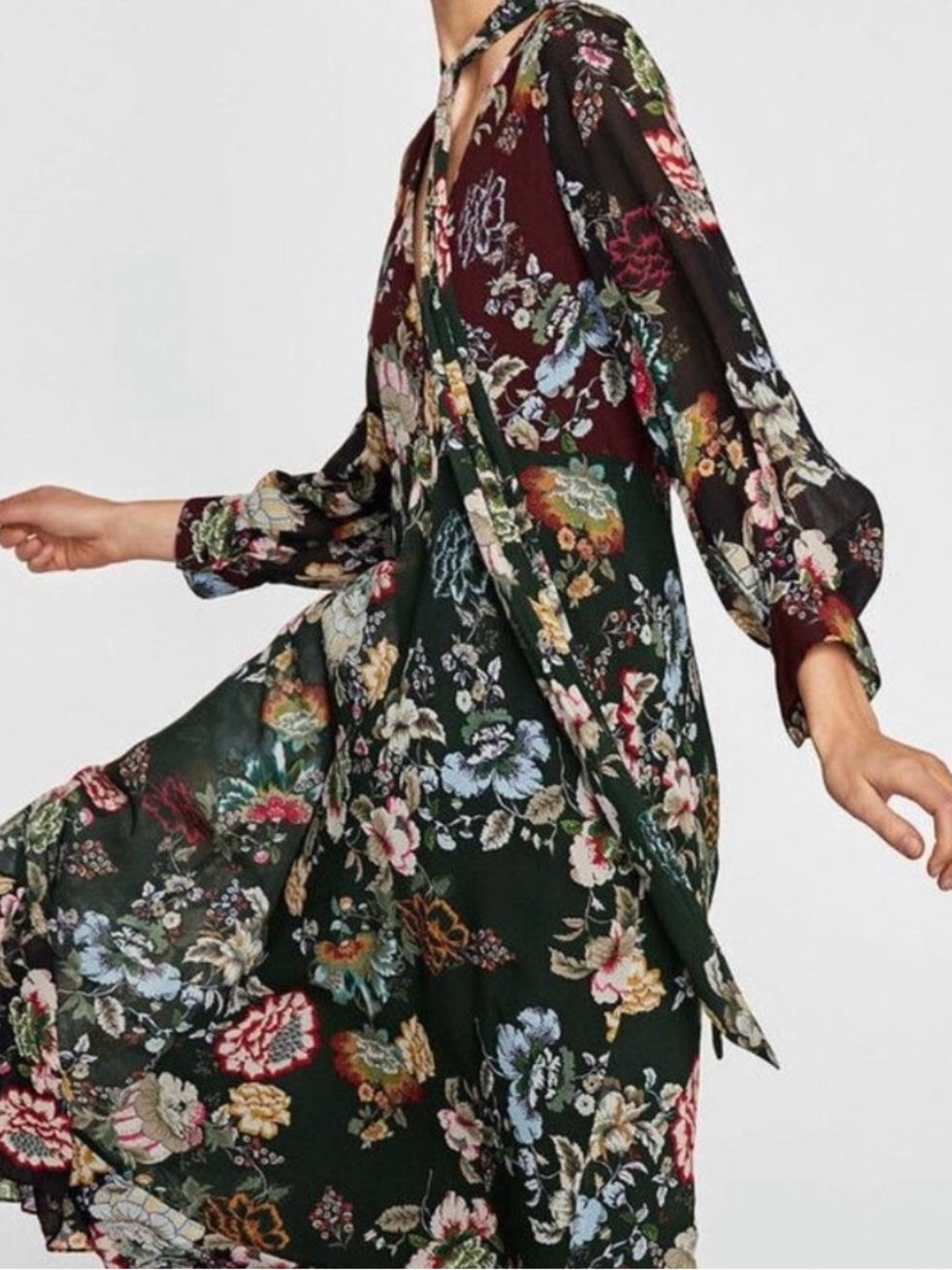 Zara Sheer Floral Empire Midi Dress Large Green Dark Romantic Flowy Boho Party